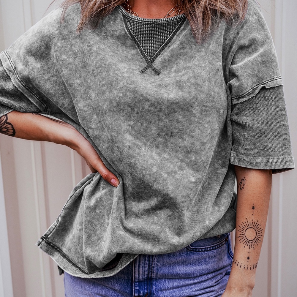 Philippine Gray Mineral Wash Exposed Seam Drop Shoulder‎ Oversized Tee - Picture 9 of 11